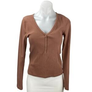 Abercrombie & Fitch Women's Brown Rib Knit Henley Long Sleeve Crop Shirt Top M
